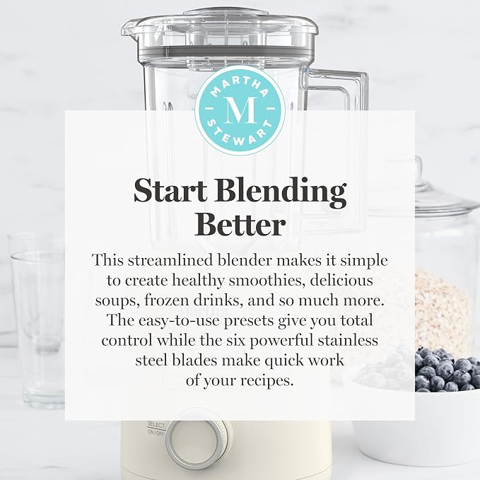 Martha Stewart 50oz Countertop Blender, 3 Speeds, 5 Presets, Linen Cream | BPA-Free Pitcher, Smoothies, Margaritas, Milkshakes & Ice Crushing, Stainless Steel Blades, Auto-Clean, Dishwasher-Safe Parts