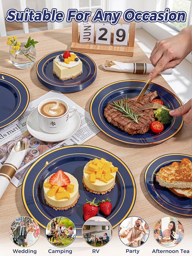 350PCS Navy Blue and Gold Plastic Plates with Rolled Napkins Include Dinner Plate 10’’, Dessert Plate 7’’, gold Cups 9 OZ, Pre Rolled Napkins for Birthday/Wedding/Party