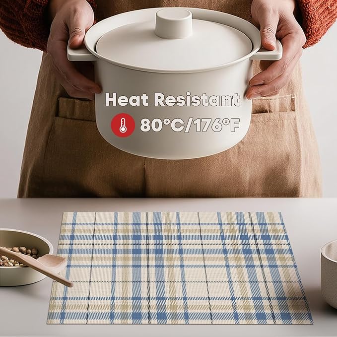 Artoid Mode Stripe Plaid Vinyl Placemats Set of 4, 12x18 Inch Washable Non-Slip Heat Resistant Plastic Place Mats for Party Dining Table, Brown/Blue