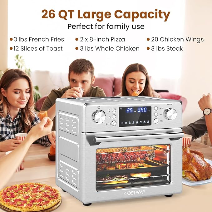 COSTWAY 14-in-1 Air Fryer Toaster Oven Combo | 1700W Dual Cook & 26 QT Large Capacity Stainless Steel Countertop Convection Oven LED Display, 7 Accessories
