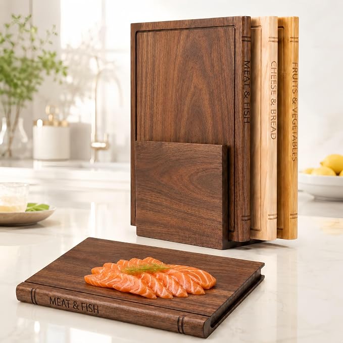 Book Shaped Cutting Board Set, 3 Boards, 13 x 10 x 0.8 Inches, Walnut Stand | Natural Maple, Sapele and Bamboo, Food-Safe Wax Oil Finish, Knife-Friendly Surfaces, Upright Display and Gift for Book Lovers