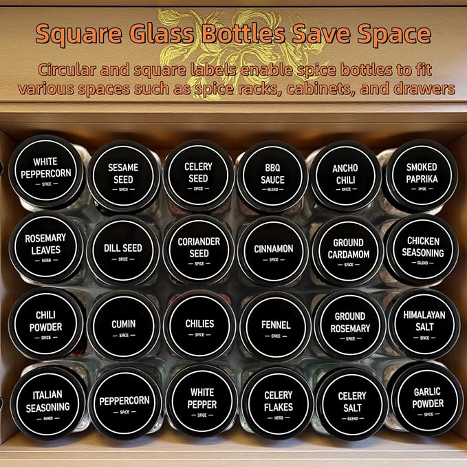 Spice Jars with Labels - 24 Glass Spice with Shaker Lids & Airtight Plastic Caps - 4oz Complete Seasoning Containers Organizer Set for Cabinet, Drawer & Rack (Black)