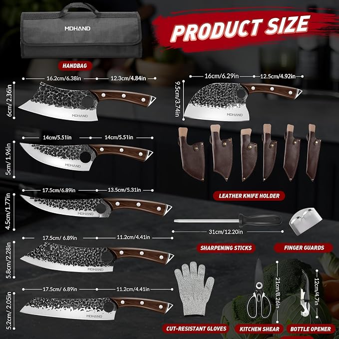Butcher Knife Set, Serbian Chef Knife Set with Roll Bag Gift for Men | Hand Forged Full Tang 18PCS Kitchen Knife Set, Ebony Handle, High Carbon Steel Meat Cleaver for Brisket Trimming, Camping BBQ