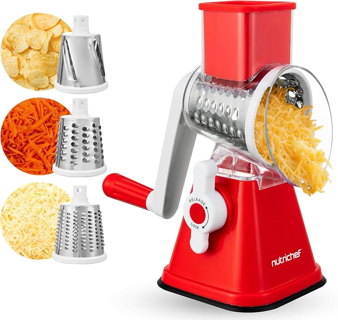 Nutrichef 3 in 1 Cheese Grater & Shredder | Strong Suction Base, Rotary Handle with Safety Lock | Includes Hand Crank & 3 Drum Blades for 3 Textures, Fine, Medium & Strips | Red