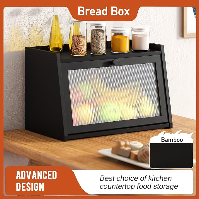 GHWIE Large Bread Box, Easy Access & Cleaning - Bamboo Bread Box for Kitchen Countertop with Acrylic Door (Black, Medium)