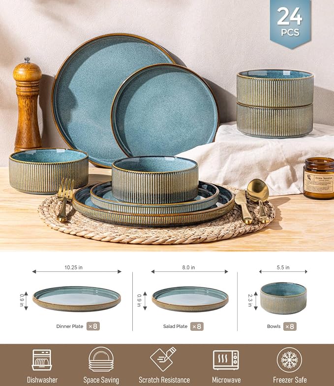 GBHOME Stoneware Dinnerware Sets for 8, 24-Piece Plates and Bowls Set | Handmade Reactive Glaze Ceramic Dish Set, Scratch Resistant, Dishwasher&Microwave Safe,Space Blue
