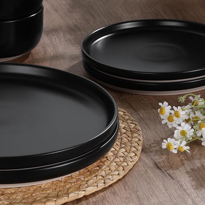 HaWare Stoneware Dinnerware Sets, 24-Piece Plates and Bowls Set for 8, Dishes Set for Home Restaurant, Frosting Black
