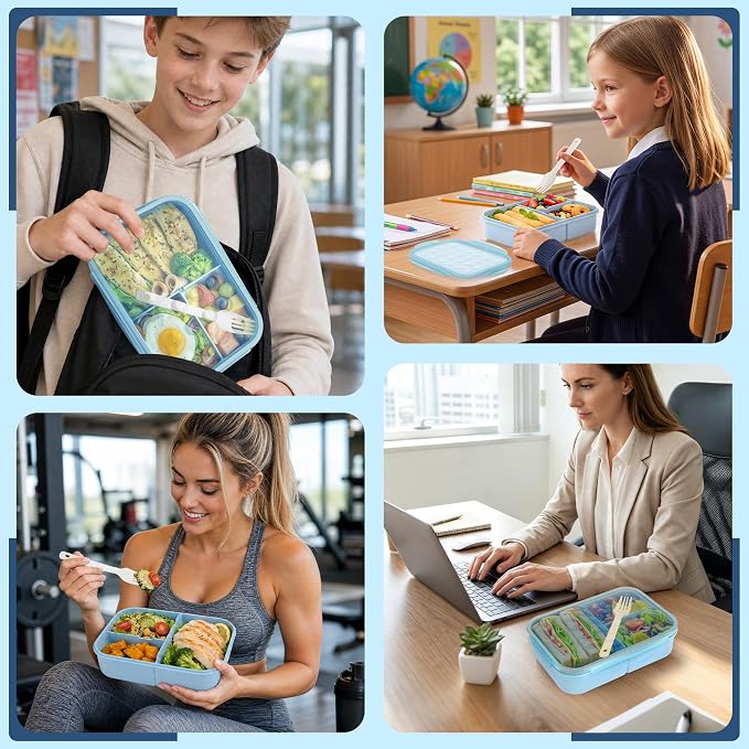 Itopor Bento Box for Kids & Adults, Lunch Box 46 oz / 1400ml, Pale Blue | Wheat straw material, BPA-free, leakproof, 3 compartments, microwave & dishwasher safe, for school, office & travel