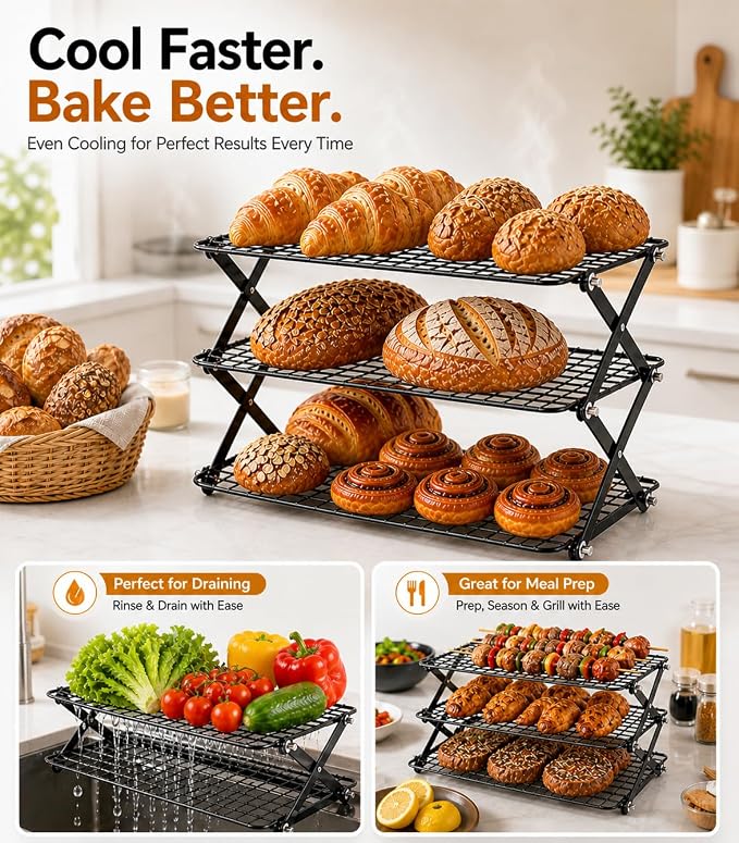 Cooling Racks For Cooking And Baking, 2/3/4-Tier Collapsible Cookie Cooling Rack With Adjustable 3 Setting Design Stackable Roasting Cooking Drying Wire Cooling Rack For Cookies Bread Baking