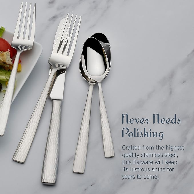 Mikasa Oliver Flatware Set, 65-Piece Service for 12, 18/10 Stainless Steel Silverware with Hammered Design and Satin Finish, Dishwasher Safe Cutlery Set
