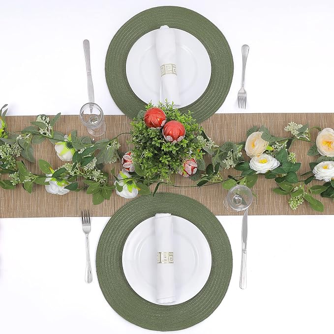 SHACOS Round Placemats Set of 4 Washable 15 inch Round Table Mats Cotton Polyester Woven Braided Place Mats for Dining Table Wedding Party Decor (Olive Green, 4)