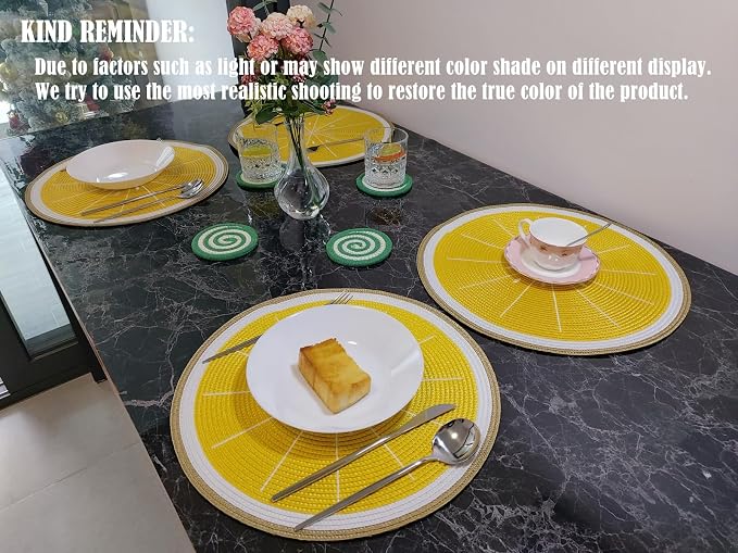 Zupro Round Lemon Yellow Placemats Set of 4 Braided 15" Indoor/Outdoor Use | Embroidery Motif Heat Resistant Non-Slip Washable,for Kitchen Dining Tables Dinner Parties holiday and Everyday Use
