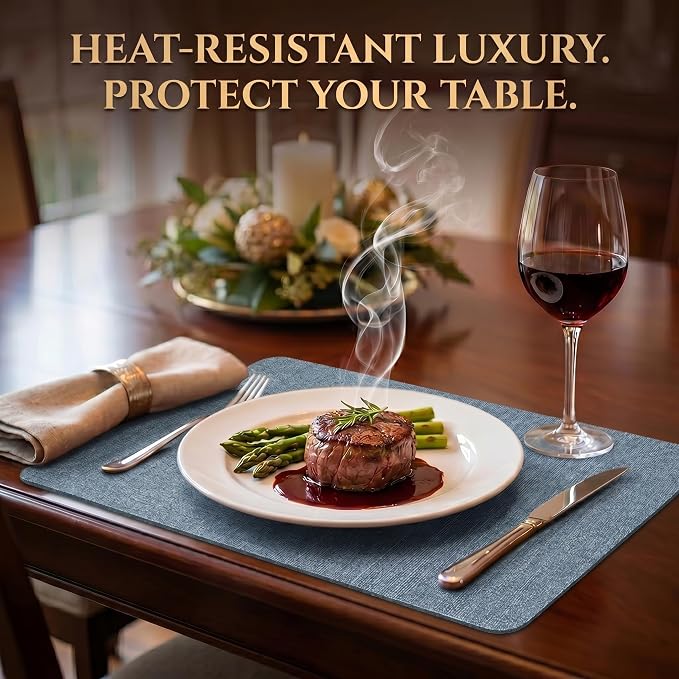Faux Leather Placemats Set of 6, Wipeable Waterproof Stain Resistant Table Mats, Heat Resistant Thick Placemats with Hand-Painted Edges for Kitchen Dining, Imitative Linen Texture, Various Shapes
