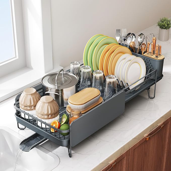 SNTD Large Dish Drying Rack for Kitchen Counter, Expandable, Grey | Stainless Steel Dish Drainer, Adjustable Length 18.9''-29.3'', Automatic Drainage, 360° Spout, Cutlery Holder with Knife Slot