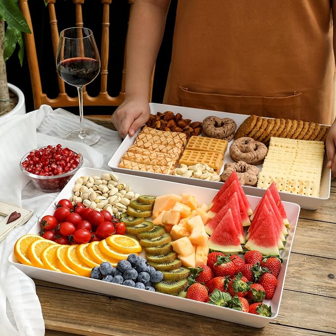 4-Pack Plastic 16" x 11" Large White Serving Trays Set - Reusable Serving Platters for Cookie, Appetizer, Charcuterie, Snack, Dessert, Party Food Display - Stackable Kitchen CounterTop Tray, BPA Free