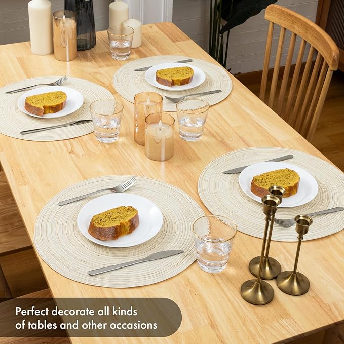 Winknowl Round Braided Placemats Set of 6 Washable Woven Heat Resistant Table Mats for Kitchen Dining Tables 15 inch Round Place Mats (Ivory,6)