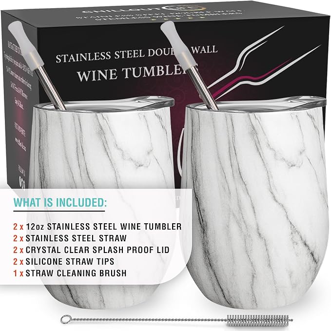 CHILLOUT LIFE 12 oz Stainless Steel Wine Tumblers 2 Pack - Double Wall Vacuum Insulated Wine Glasses Cups with Lids and Straws Set Keeping Cold & Hot for Coffee, Beer, Ice Cream - Carrara Marble