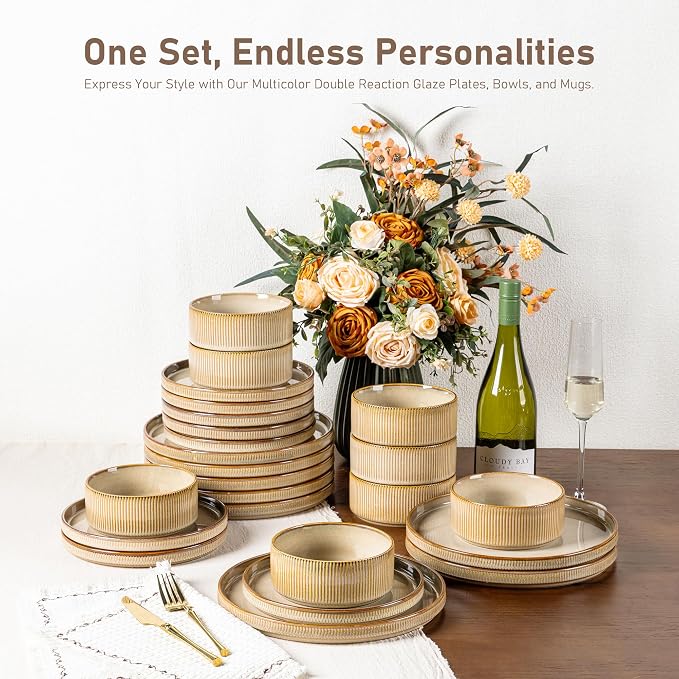 GBHOME Stoneware Dinnerware Sets for 6, 18-Piece Plates and Bowls Set | Handmade Reactive Glaze Ceramic Dish Set, Scratch Resistant, Dishwasher&Microwave Safe,Barley Latte