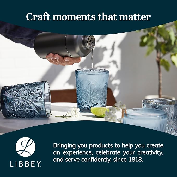 Libbey Hobstar Double Old Fashioned Glasses, Blue Colored Cut Glass Drinking Glasses Set of 4, Durable, Vintage Whiskey Glasses for Cocktail, Drinks