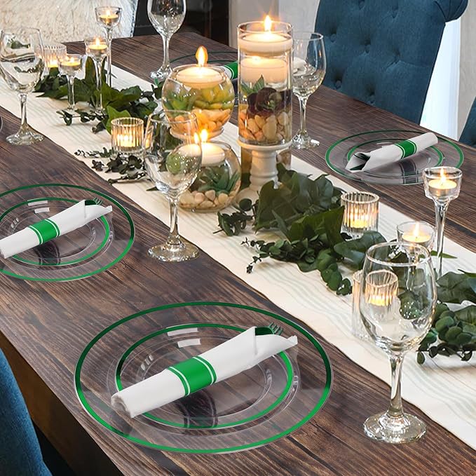 350 Pcs Clear Green Disposable Plastic Dinnerware Sets for 50 | Include 50 Dinner Plates, 50 Dessert Plates, 50 Pre Rolled Napkins with Cutlery Set, 50 Cups for Christmas, St. Patrick's Day