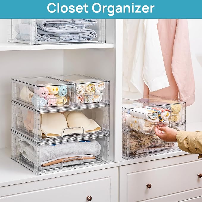 Vtopmart Clear Stackable Storage Drawers, 3 Pack Wide Organizer Set | Wide and Small Pull-Out PET Drawers with Stackable Design for Bathroom Organization, Cabinets, Closets, Pantry and Medicine