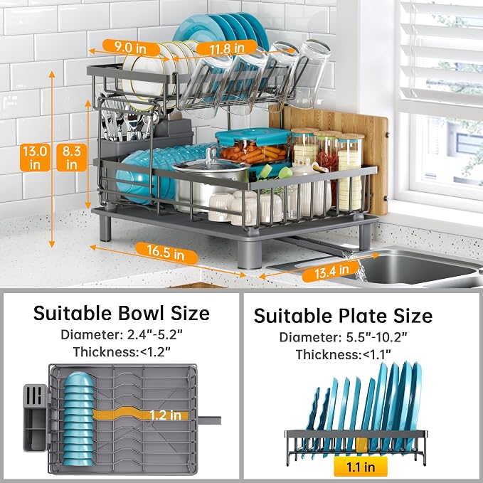 2 Tier Large Detachable Dish Drying Rack for Kitchen Counter, Gray | Compact Dish Drainer Organizer, Rust-Resistant, Space-Saving Dish Rack with Drainboard, Utensil Holder, Kitchen Organizer