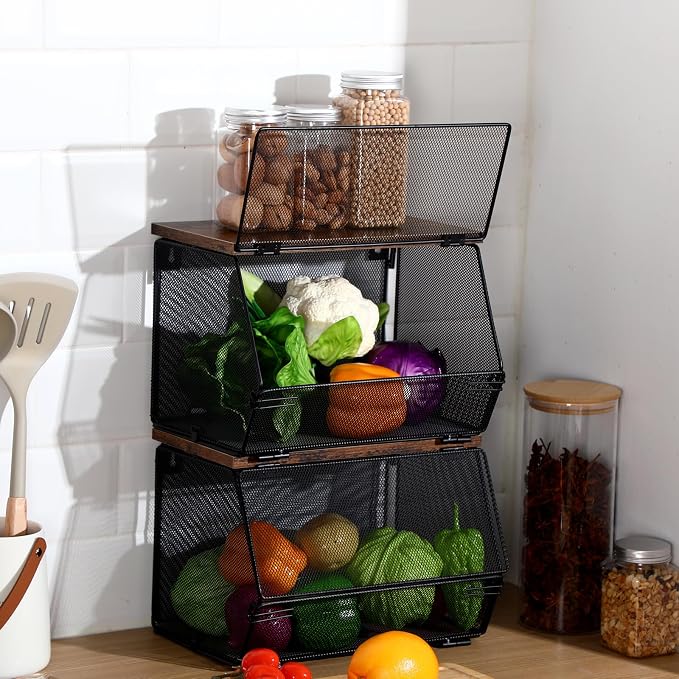 Teenyyou 2 Pcs Stackable Mesh Fruit Basket with Lid Wall Produce Vegetable Storage Basket Onion Potato Hanging Metal Wire Container for Kitchen Counter Pantry(Non-removable,Black,7.1" w & 11.8" l)