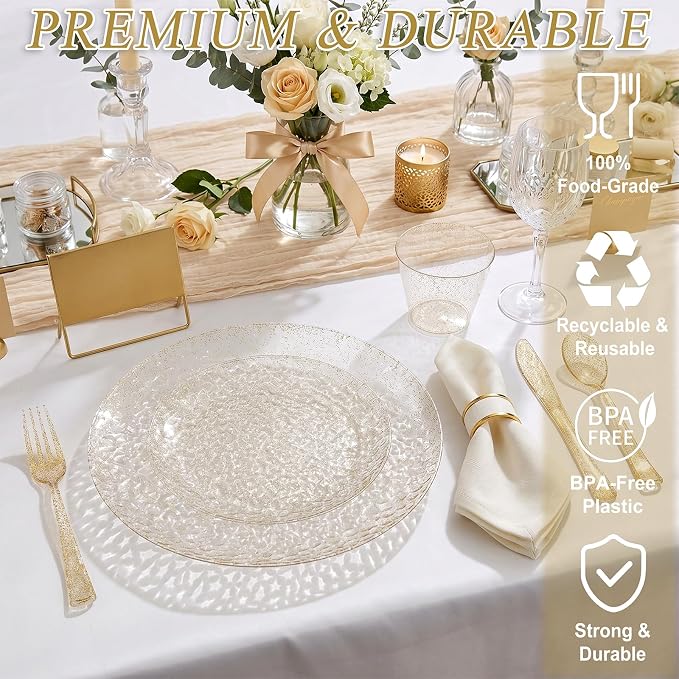 Rubtlamp 700Pcs Gold Glitter Plastic Dinnerware Set, Hammered Clear Plates, Fancy Plastic Plates Include 100 Dinner Platos, 100 Salad Platos, 100 Cups,100 Pack Pre Rolled Glitter plastic Silverware