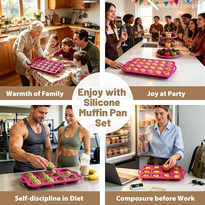 Silicone Mini Muffin Tin Set: 12 & 24 Small Cupcake Baking Tin with Frame | Easy Release - Complete Shaping Each Use Avoid Re-baking - BPA-free Muffin Trays Reinforced Frame for Oven Home Bakers Vnray