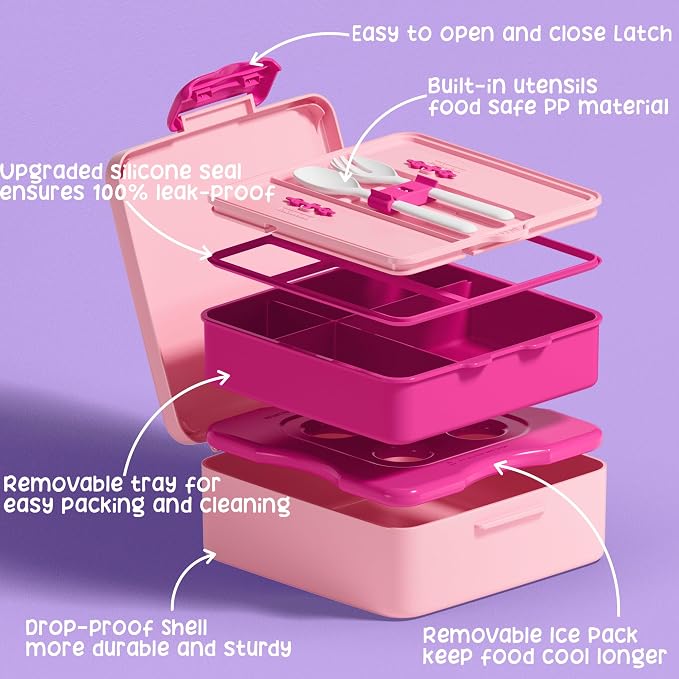 Fimibuke Chill Bento Box for Kids, Toddler Lunch Box with Built-In Ice Pack | Keep Cold Leak Proof BPA Free 4 Compartment Lunch Container with Utensil for Girl Boy School Adult, Microwave Dishwasher Safe