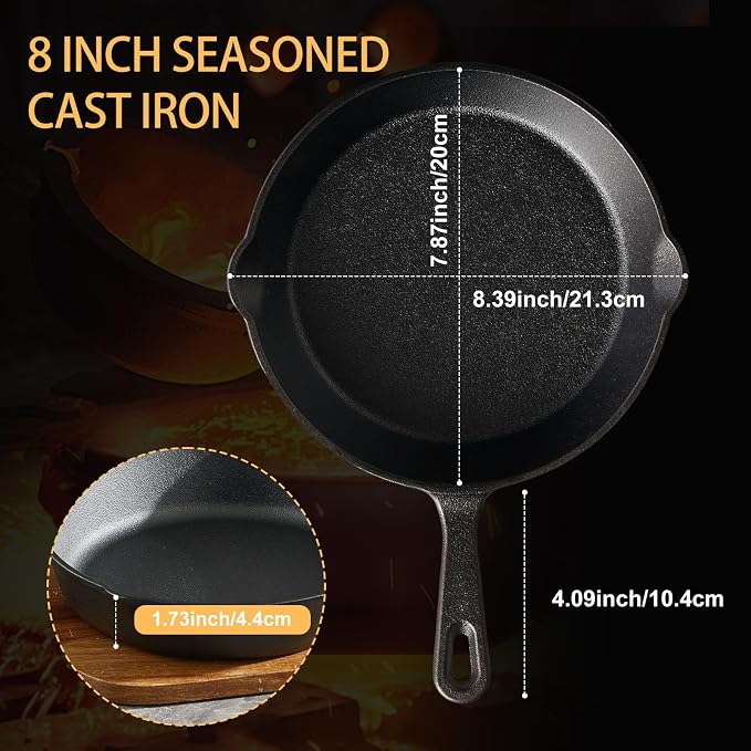 EWFEN Cast Iron Skillet 8 Inch, Pre-Seasoned Frying Pan, Heavy-Duty Professional Restaurant Chef Quality Cookware with Drip Spout, Indoor & Outdoor Use, Compatible with Oven, Stove, Grill & Campfire