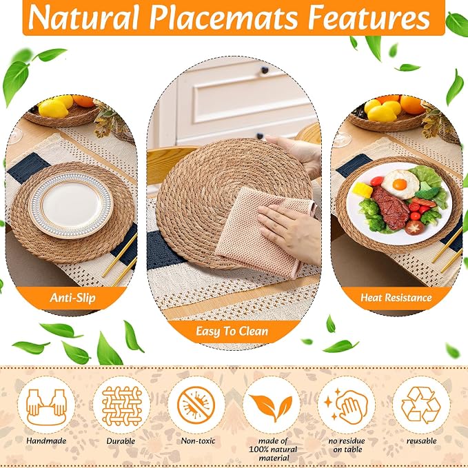 6 Sets Boho Decoration Placemats Round Woven Placemats, Cloth Napkins, Wood Bead Napkin Rings, Long Table Runner and Farmhouse Burlap Cotton for Table Kitchen (Blue,12x72)