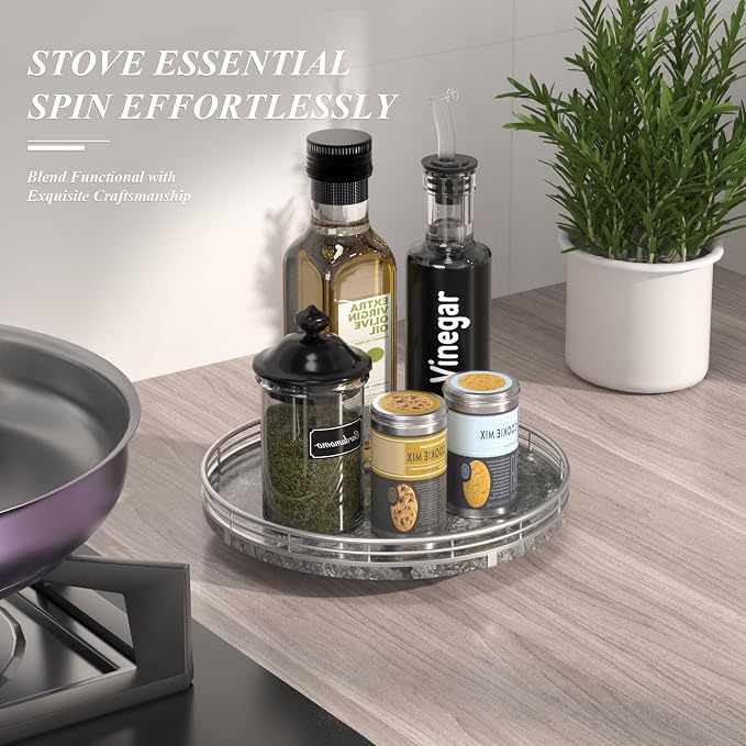 AHM10-Inch Gray Marble Lazy Susan with Silver Iron Frame | Smooth rotating oak tray with walnut finish for dining tables, kitchen counters, pantries and cabinet storage.