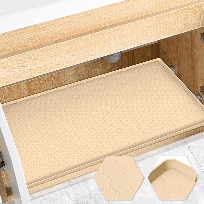 Silicone Under Sink Mat, 31"x22", Waterproof Cabinet Liner, Beige | Shelf Liner, Cabinet Protector, Home Organizer, for Kitchen, Bathroom, Multipurpose, Leak Proof, Easy Clean, Drip Tray, Clean
