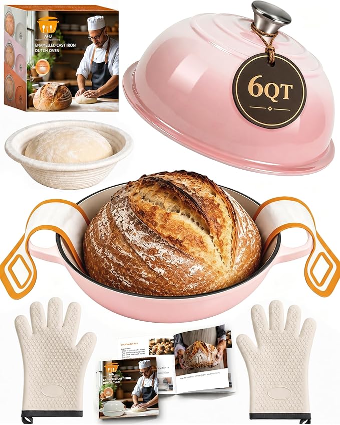 AHJ 6QT Enameled Cast Iron Dutch Oven for Sourdough Bread Baking | 7-Layer Construction Bread Oven with Proofing Basket, Silicone Sling and Mitts; Steam-Locking Dome, 500°F Safe, All Stovetops