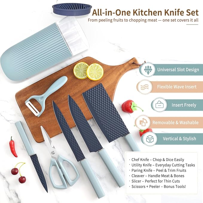 Knife Set, 7-Piece Kitchen Knife Set with Sharp Chef and Meat Knives, Anti-Rust Utility Knives Set for Kitchen, Kitchen Knife Block Set（Blue）