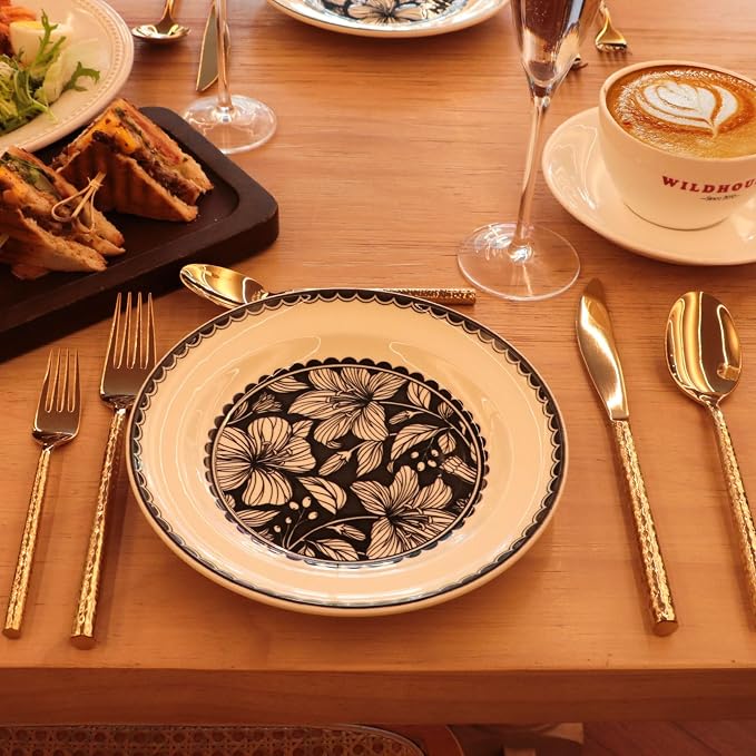 Gold Flatware Set Round Hammered Handle 20 Pieces Service for 4 | Silverware Set 18/10 Stainless Steel, Hand Forged Heavy Cutlery, Mirror Finished, Wedding Housewarming Gift, Dishwasher Safe