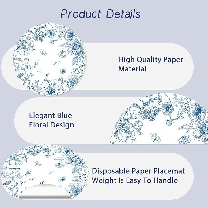 50 Pack Paper Placemats Disposable Blue and White Placemats 13.7 Inch Vintage Blue Floral Place Mats Decorative Chinoiserie Round Table Mats for Dinner Table Setting Birthday Wedding Party Supplies