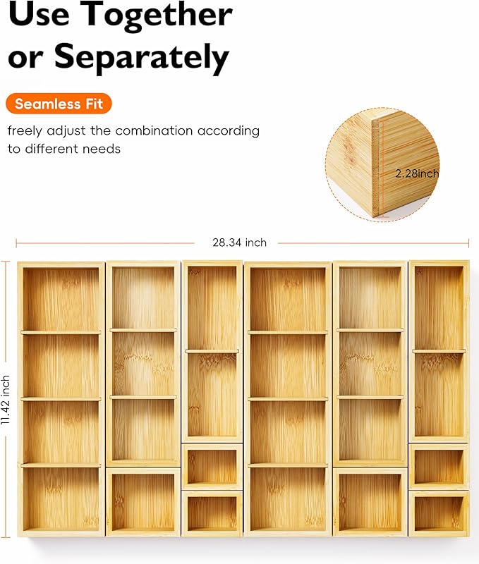 12-Piece Bamboo Drawer Organizer Set, 24 Compartments Modular Storage | Natural Bamboo, Flexible Modular Trays, Water-Resistant, Stackable Design, Adjustable, Excellent Organization, Easy to Clean