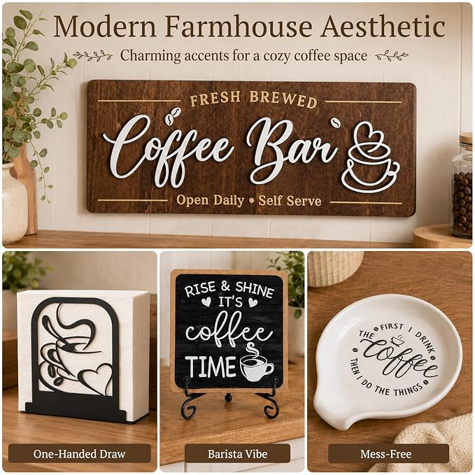7-Piece Coffee Bar Accessories Set, Farmhouse Coffee Bar Organizer Kit | Coffee Bar Essentials Bottle Organizer for Countertop, Coffee Station Organizer with K-Cup Holder Mat Spoon Rest and 2 Signs