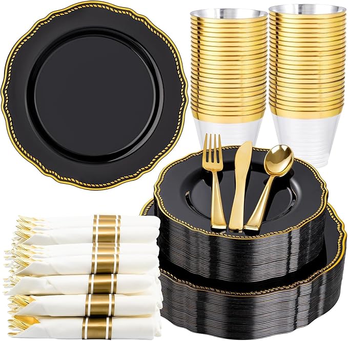 175 Pcs Black and Gold Plastic Plates Wedding & Party | Gold Plastic Dinnerware Set Includes 25 Dinner Plates, 25 Dessert Dinnerware, 25 Cups, 25 Napkins Perfect