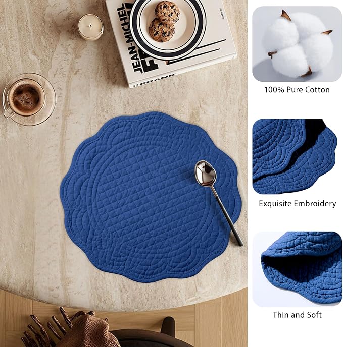 6 PC Quilted Placemats, 14" Extra Large Cotton Placemats Set of 6, 100% Cotton Fabric Washable Cloth Table Mats for Kitchen & Dining Table - Soft &Easy Clean(Sapphire Blue, Round)