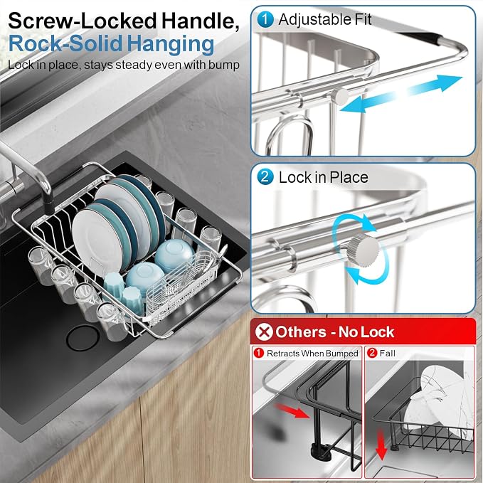 Dish Drying Rack Over the Sink - Expandable Stainless Steel Drainer | Twist-Lock Adjustable Handle, Cup Hooks, Utensil Holder, Compact Design for Apartments, RVs & Small Kitchens, Rust-Resistant