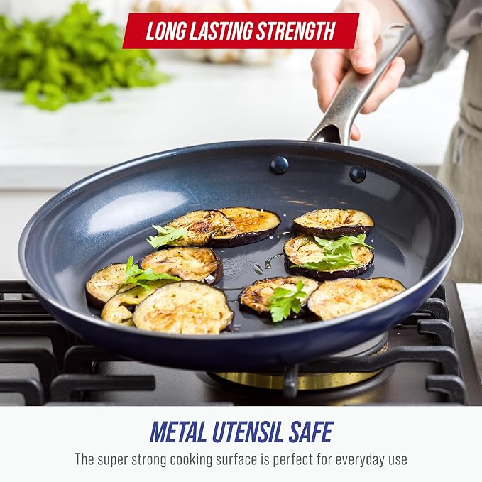 Blue Diamond 12" Diamond Ceramic Nonstick Frying Pan Skillet with Lid, Blue | PFAS-Free Ceramic Nonstick, Dishwasher & Oven Safe, Stay Cool Handle, Durable Metal Utensil Safe, Egg & Omelet Pan