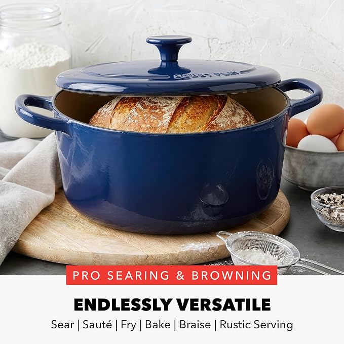 GreenPan x Bobby Flay 5.5QT Enameled Cast Iron Dutch Oven With Lid, Navy | Casserole Pot for Braising, Stews, Bread Baking & Searing, Self-Basting Lid, Induction Ready, Oven Safe To 500