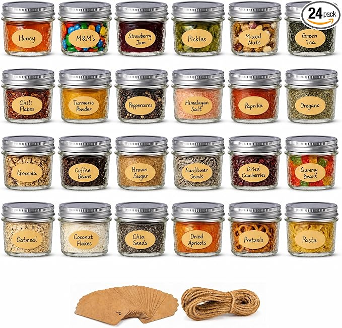 4 oz Glass Jars with Lids, 24 Pack Wide Mouth Small Mason Jars with Twine & Tags, Airtight Leakproof Mini Jam & Jelly Jars with Label Area for Honey, Desserts, Party Favors & Homemade Food Gifts