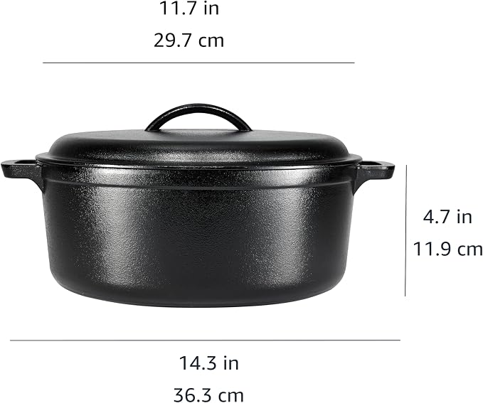 Amazon Basics Pre-Seasoned Cast Iron Dutch Oven Pot with Lid and Dual Handles, Oven Safe, Heavy-Duty, 7-Quart, Round, Black