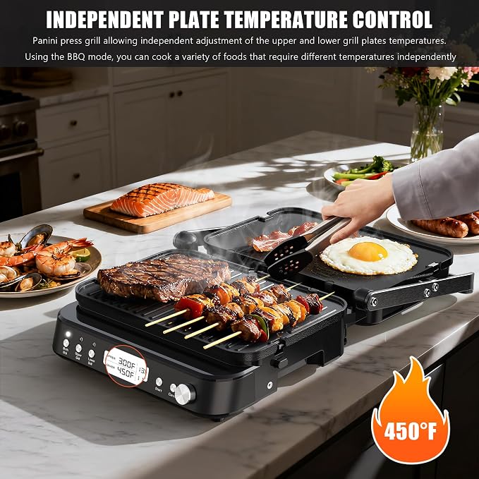 CATTLEMAN Panini Grill Press Sandwich Maker with Removable Plates, 1600W, 6 in 1 Waffle Maker & Electric Indoor Grill with Meat Thermometer, PFAS Free Ceramic Nonstick Reversible Plates, Opens Flat