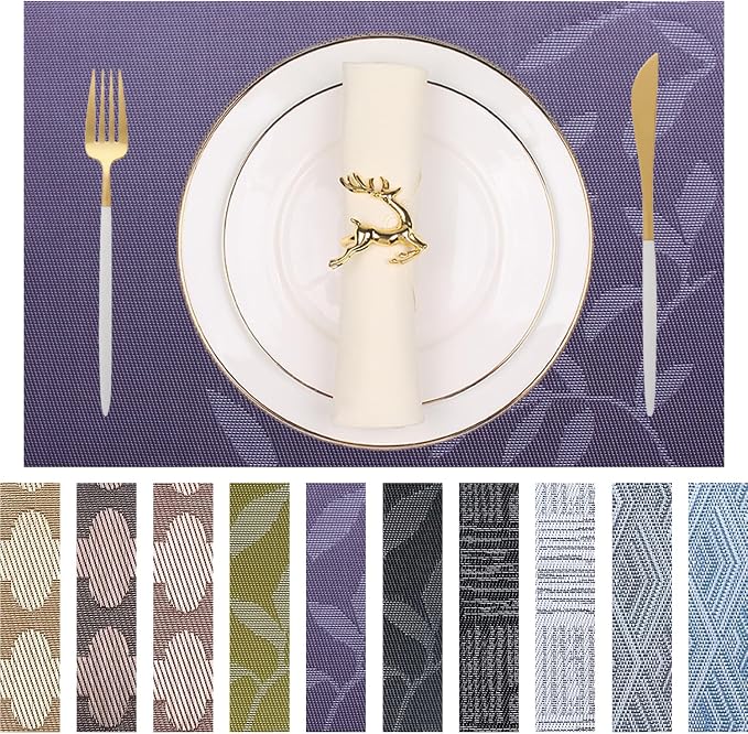 Leaf Placemats Set of 6 Non-Slip Heat-Resistant Vinyl Washable Place Mats for Kitchen Table Indoor Outdoor Durable (18"x12", Purple)