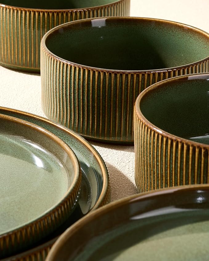 Stoneware Dinnerware Set for 4, Reactive Glaze, Moss Green | 12-Piece Everyday Ceramic Plates and Bowls, Handmade Ribbed Dish Sets, Microwave & Dishwasher Safe, Chip & Scratch Resistant